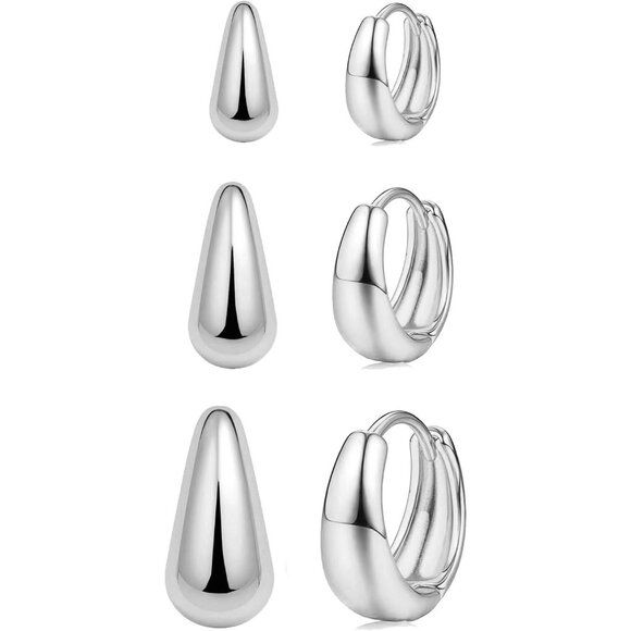 3 Pairs Silver Hoop Earrings Set for Women Chunky Trendy Huggie Dainty Jewelry - Picture 1 of 7